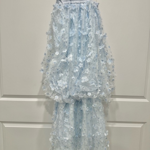 Light Blue Floral Layered Dress with Delicate Spaghetti Straps - Picture 7 of 11